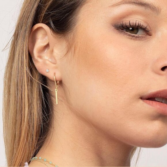 14K Dainty Gold- Bar Leverback Dangle Drop Hypoallergenic Earring for Women - Picture 2 of 7